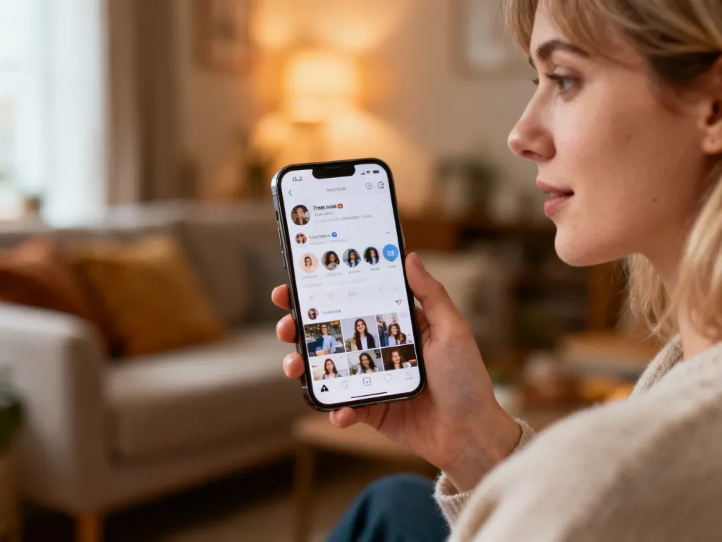 Dłoń trzymająca smartfon z otwartą aplikacją społecznościową na tle przytulnego salonu.