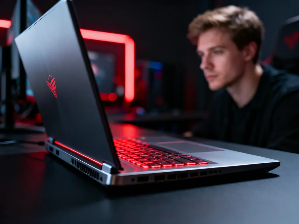 Gamingowy laptop MSI Katana 15 z podświetlaną na czerwono klawiaturą na minimalistycznym biurku w nastrojowym oświetleniu.