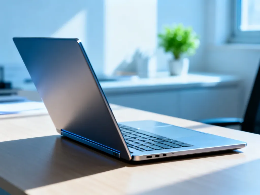 Nowoczesny laptop Microsoft Surface z metaliczną obudową na minimalistycznym biurku w słonecznym domowym biurze.