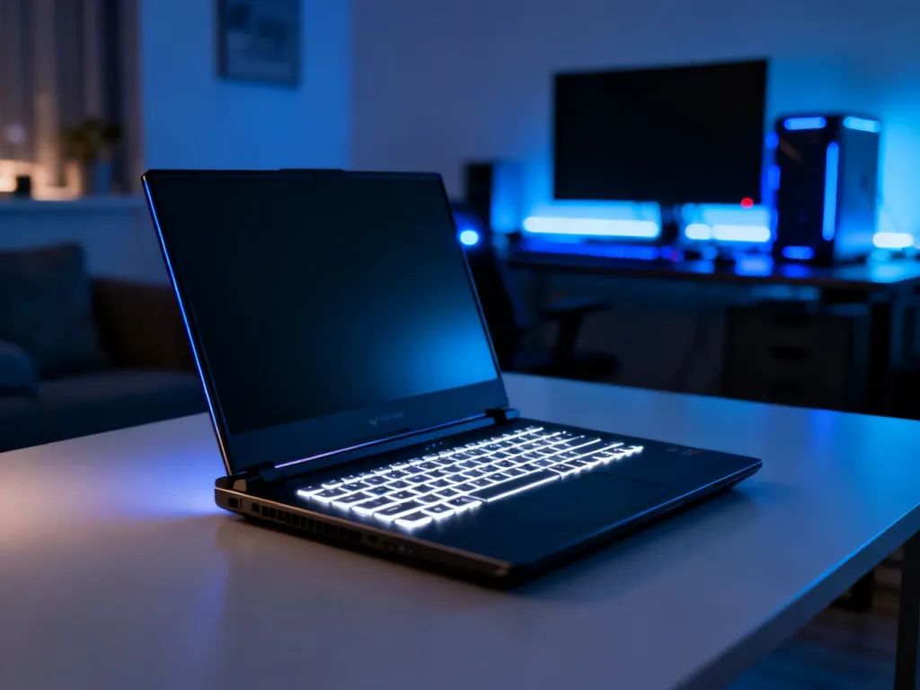 Otwarty laptop gamingowy Asus ROG Zephyrus G14 z podświetlaną klawiaturą na nowoczesnym biurku w przytulnym domowym biurze.