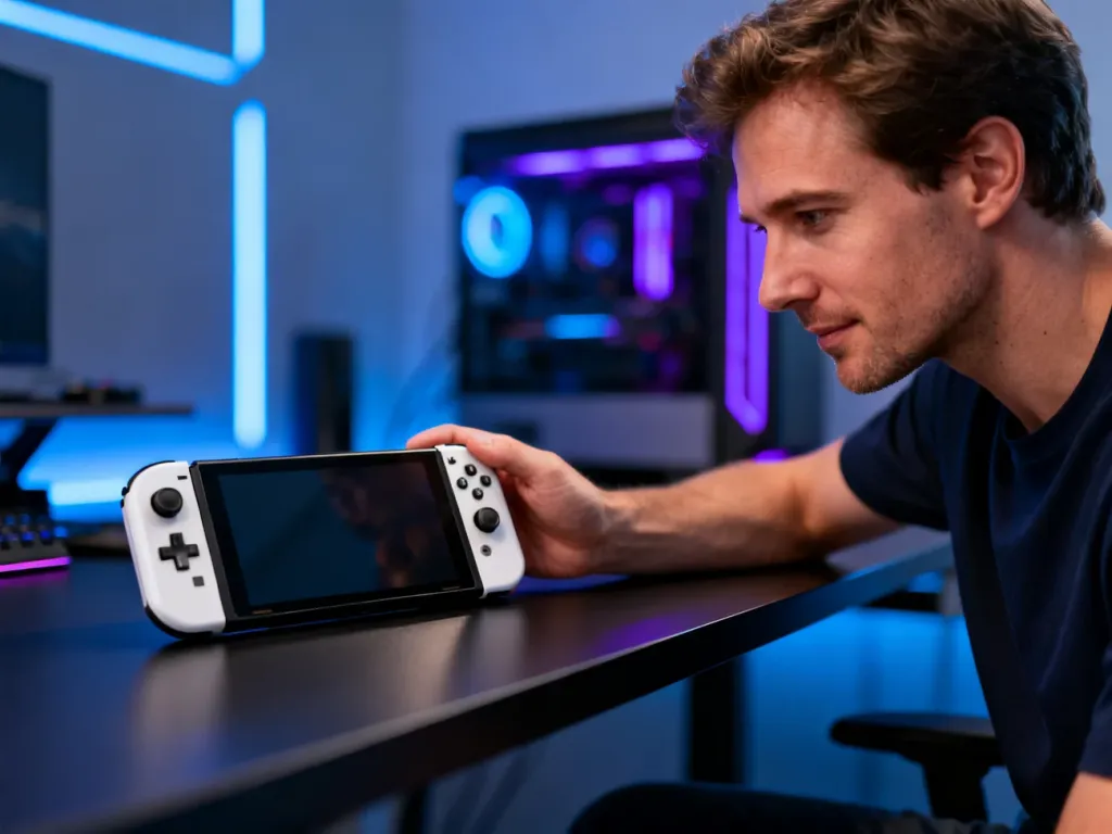 Mężczyzna trzymający konsolę przenośną Lenovo Legion Go na tle nowoczesnego stanowiska gamingowego z podświetleniem LED.