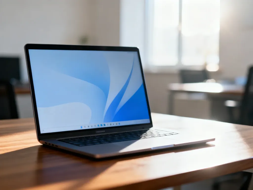Nowoczesny laptop na drewnianym biurku w jasnym biurze, gotowy do pracy z systemem Teta ME.