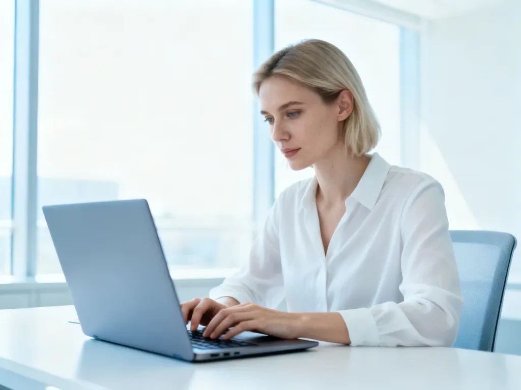 Kobieta pracująca przy laptopie w jasnym, nowoczesnym biurze, skupiona na obsłudze komputera.