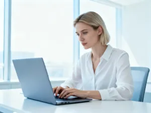Osoba pracująca przy laptopie w nowoczesnym, jasnym biurze, symbolizująca łatwy dostęp do panelu eBiuro.