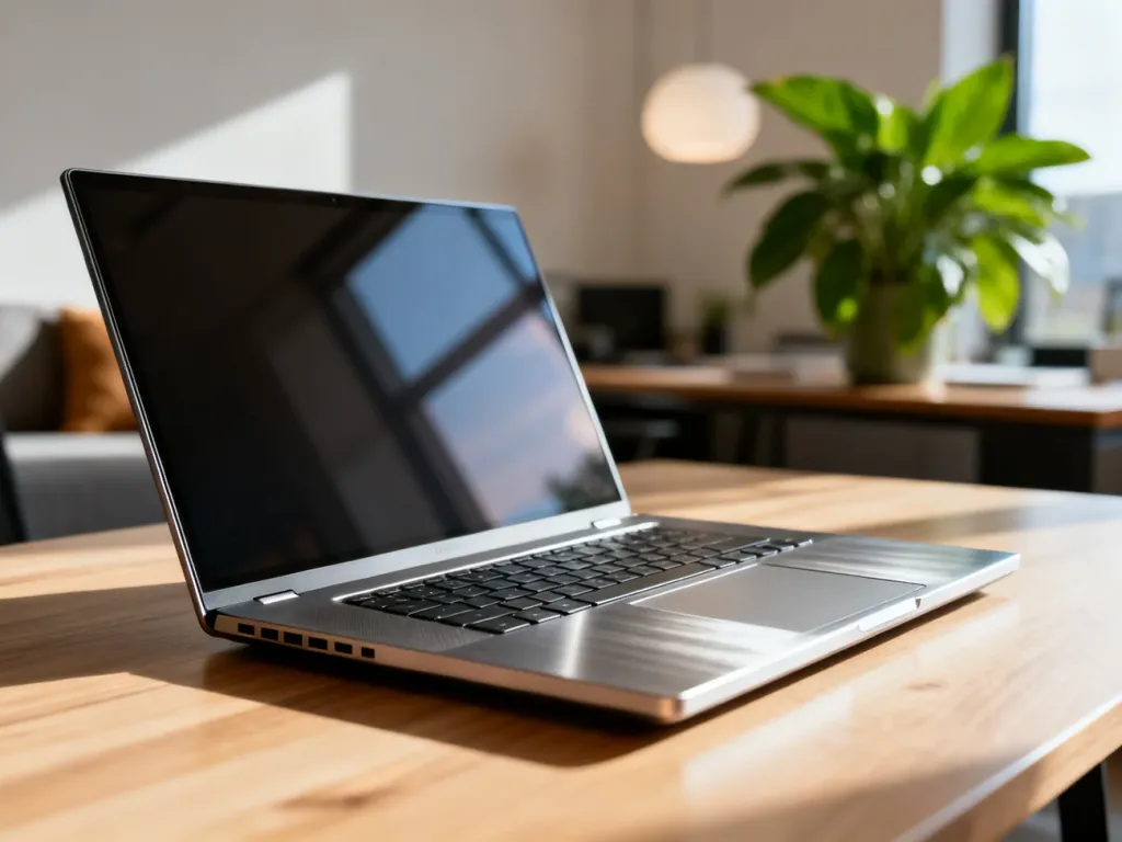 Otwarty MacBook Pro 16-cali na minimalistycznym biurku w nowoczesnym biurze domowym.