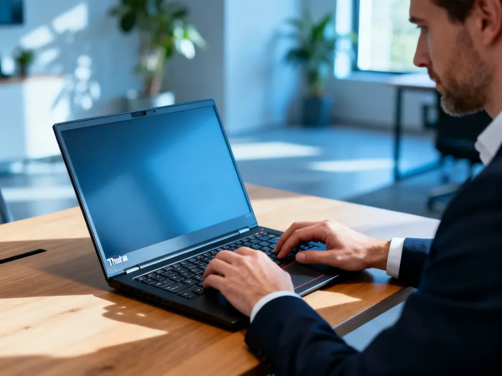 Elegancki laptop Lenovo ThinkPad X1 Carbon na drewnianym biurku, przy którym pracuje profesjonalista w nowoczesnym biurze.