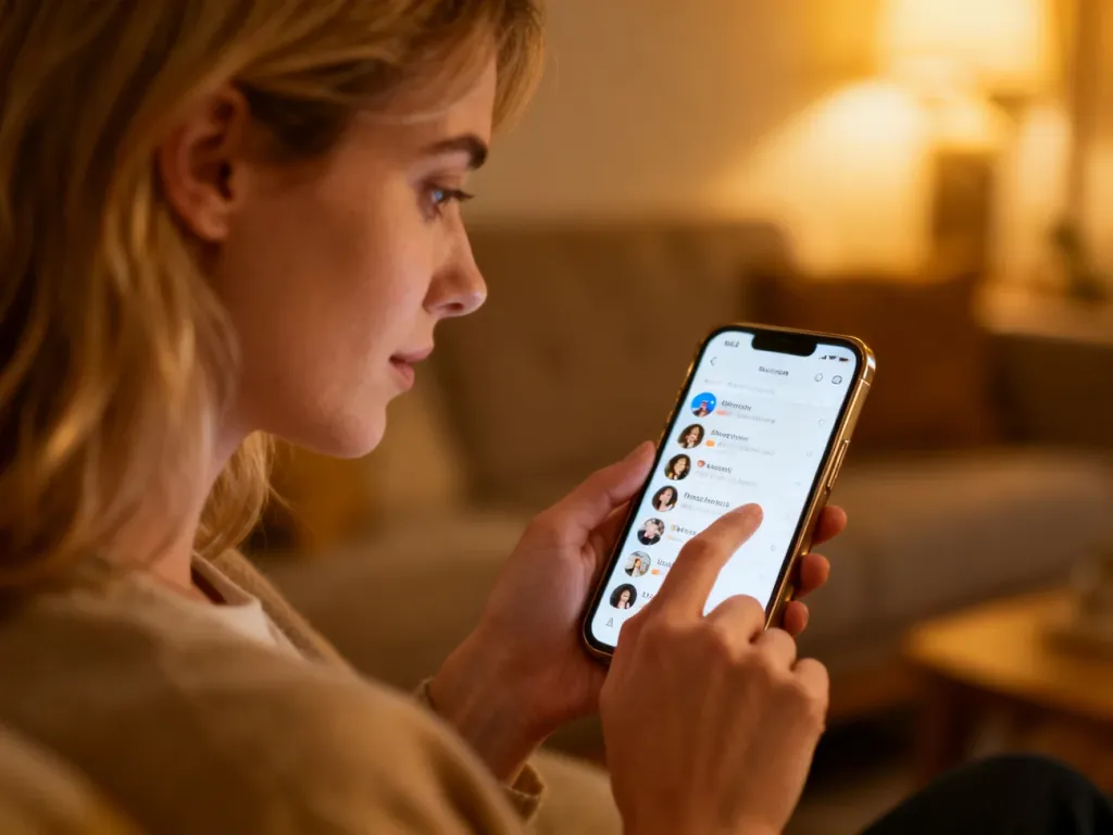 Kobieta trzymająca smartfon z otwartą aplikacją społecznościową w przytulnym salonie.
