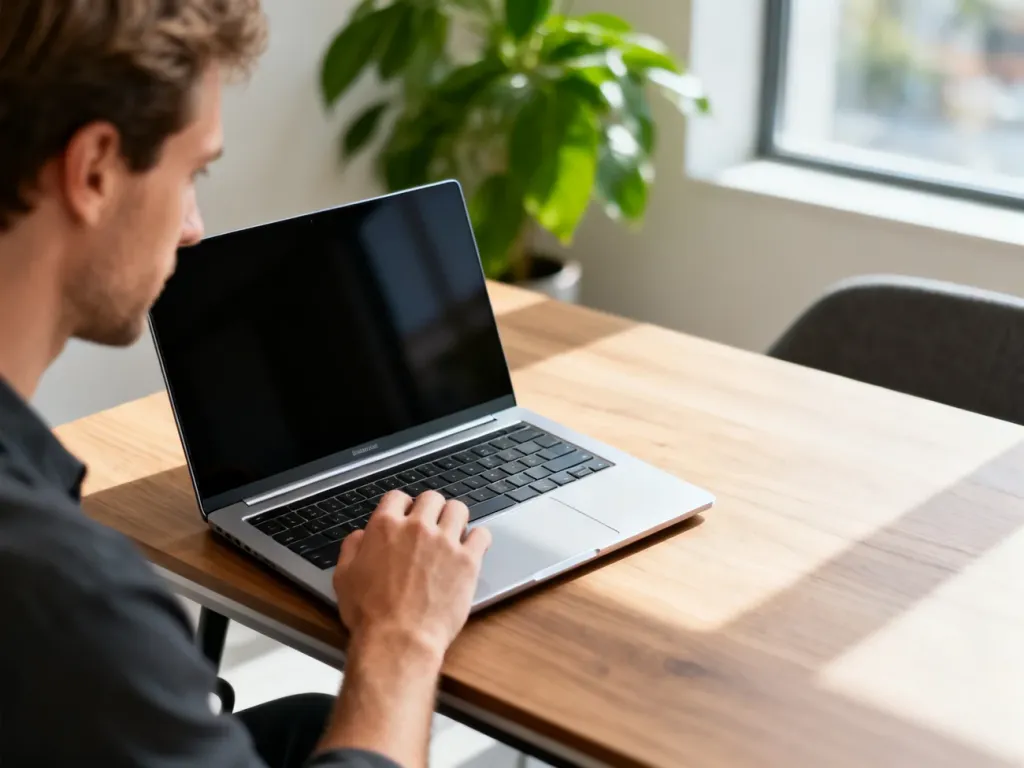 Srebrny laptop Dell Latitude 7490 otwarty na biurku, przy którym pracuje mężczyzna w jasnym, nowoczesnym biurze.
