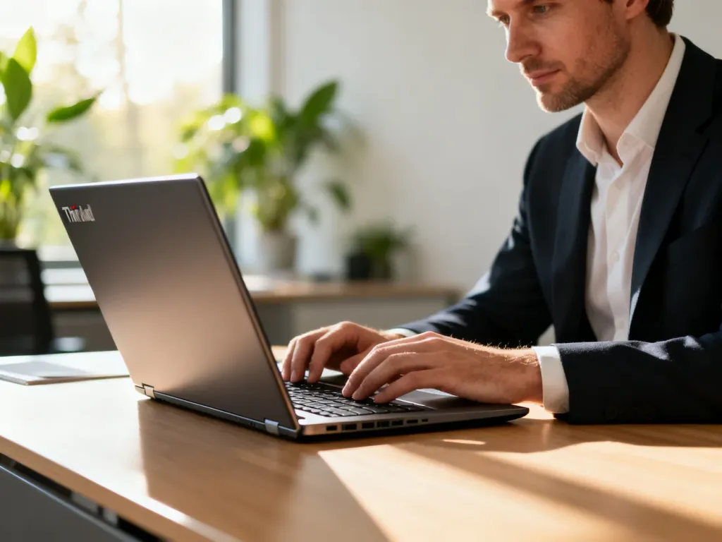 Mężczyzna pracujący przy laptopie Lenovo ThinkPad T14 na minimalistycznym drewnianym biurku w jasnym, nowoczesnym biurze.