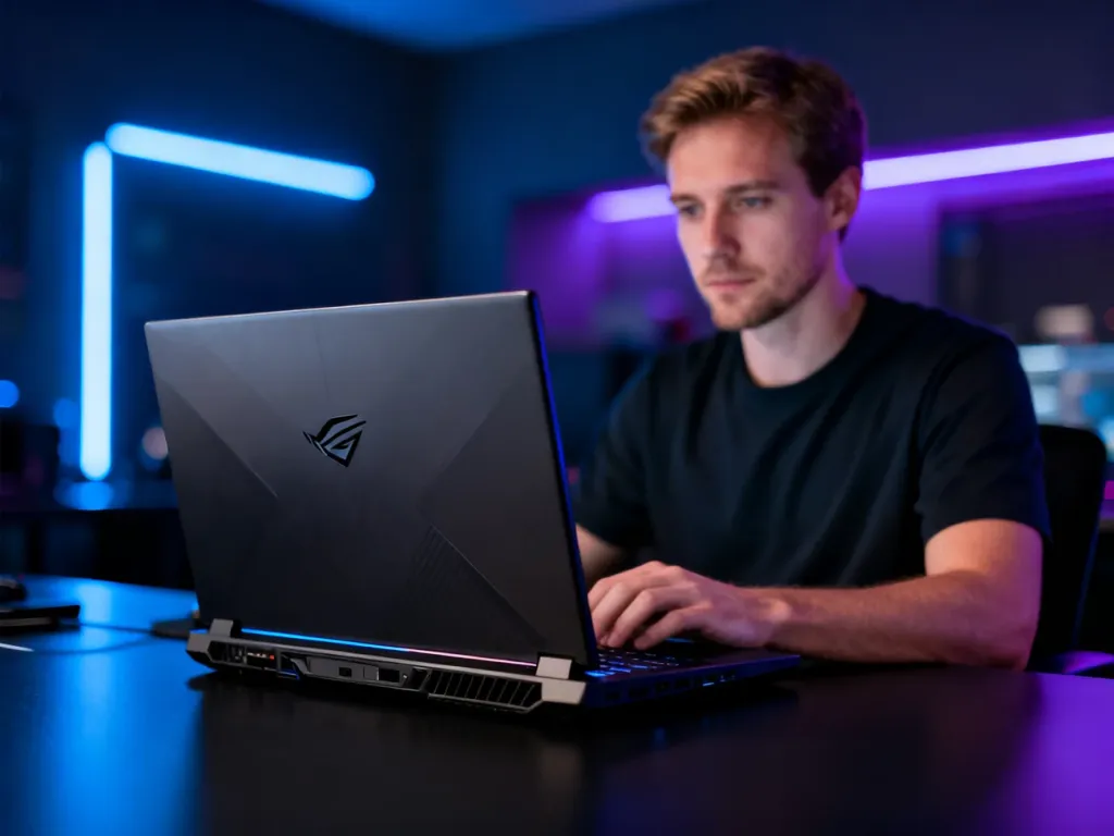 Mężczyzna korzystający z wydajnego laptopa gamingowego HP Omen 16 w pokoju z nastrojowym, neonowym oświetleniem.