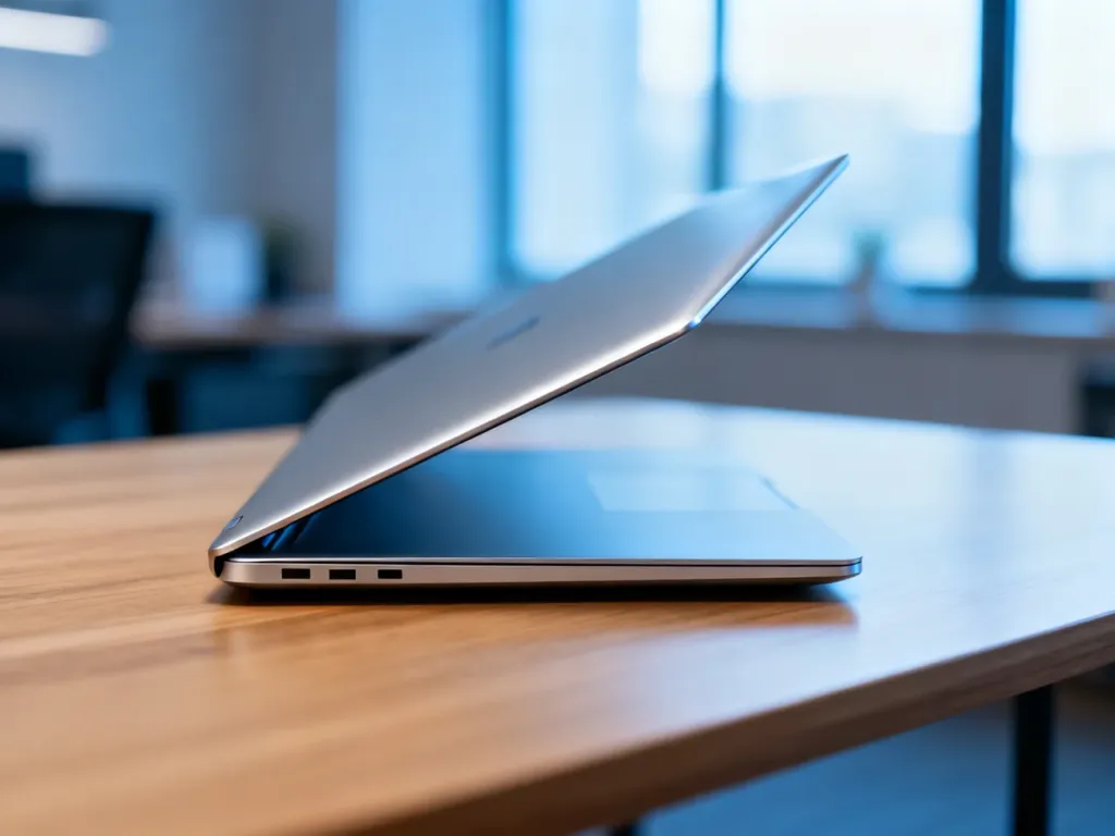 Srebrny laptop Acer Swift Go 14 na minimalistycznym drewnianym biurku w jasnym, nowoczesnym biurze domowym.