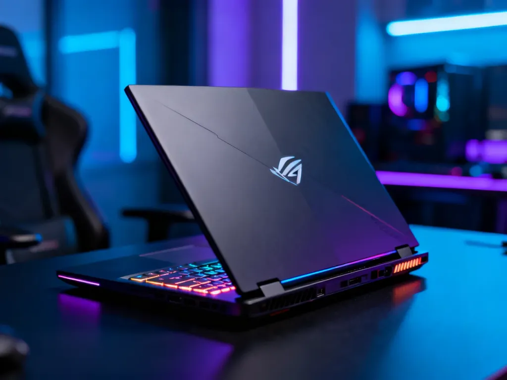 Laptop gamingowy Asus ROG Strix Scar 18 z podświetlaną klawiaturą RGB na nowoczesnym, ciemnym stanowisku gracza.