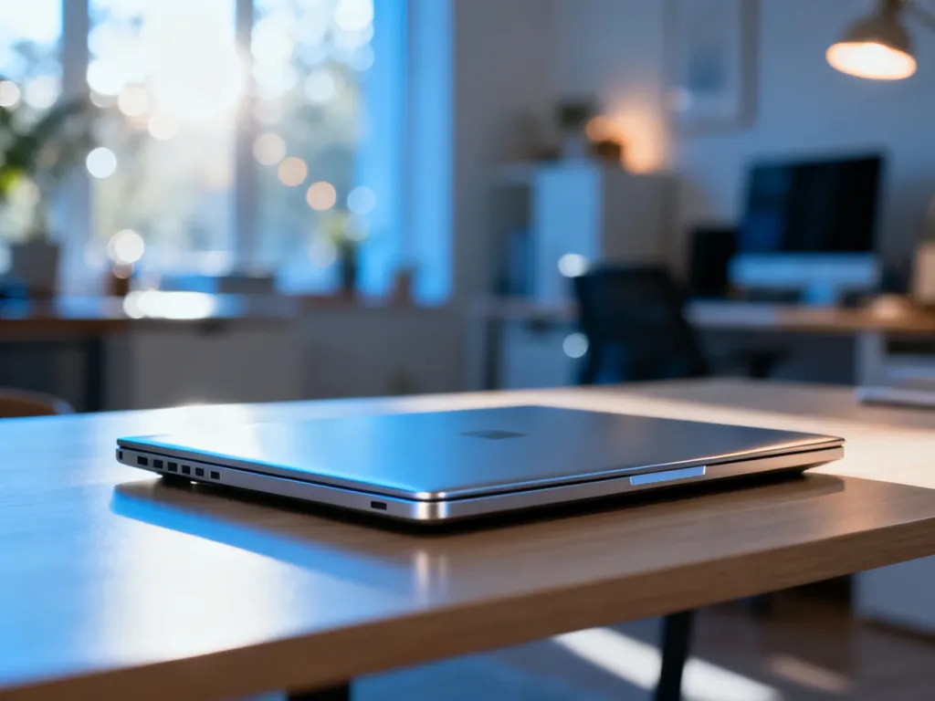 Elegancki ultrabook Asus Zenbook 14 OLED na minimalistycznym drewnianym biurku w jasnym domowym biurze.