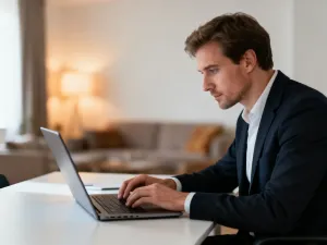 Mężczyzna pracujący przy laptopie w nowoczesnym biurze, symbolizujący bezpieczne logowanie do panelu klienta.