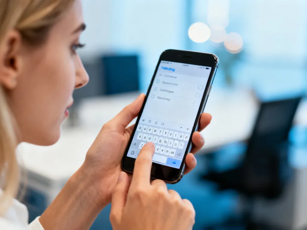Dłoń trzymająca smartfon z otwartym menu ustawień klawiatury, ułatwiającym konfigurację polskich znaków w wiadomościach SMS.