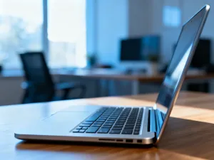 Granatowy laptop HP Spectre x360 14 w trybie namiotu na drewnianym biurku w słonecznym domowym biurze.