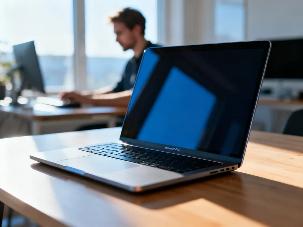 MacBook Pro M4 Pro na minimalistycznym biurku w słonecznym biurze, podkreślający nowoczesny design i profesjonalną wydajność.