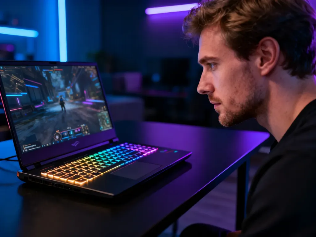 Gracz skupiony na rozgrywce na laptopie Asus ROG Strix G16 z podświetlaną klawiaturą RGB w nowoczesnym, nastrojowym wnętrzu.