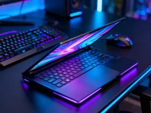Laptop gamingowy MSI Katana 17 z podświetlaną klawiaturą na biurku gracza w nastrojowym, kolorowym oświetleniu.