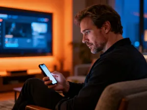 Kobieta uśmiecha się, przeglądając ofertę filmową na smartfonie w przytulnym salonie z włączonym telewizorem w tle.
