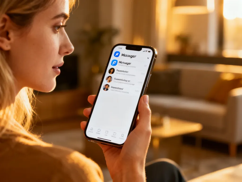 Kobieta trzymająca smartfon z otwartą aplikacją Messenger w przytulnym salonie.