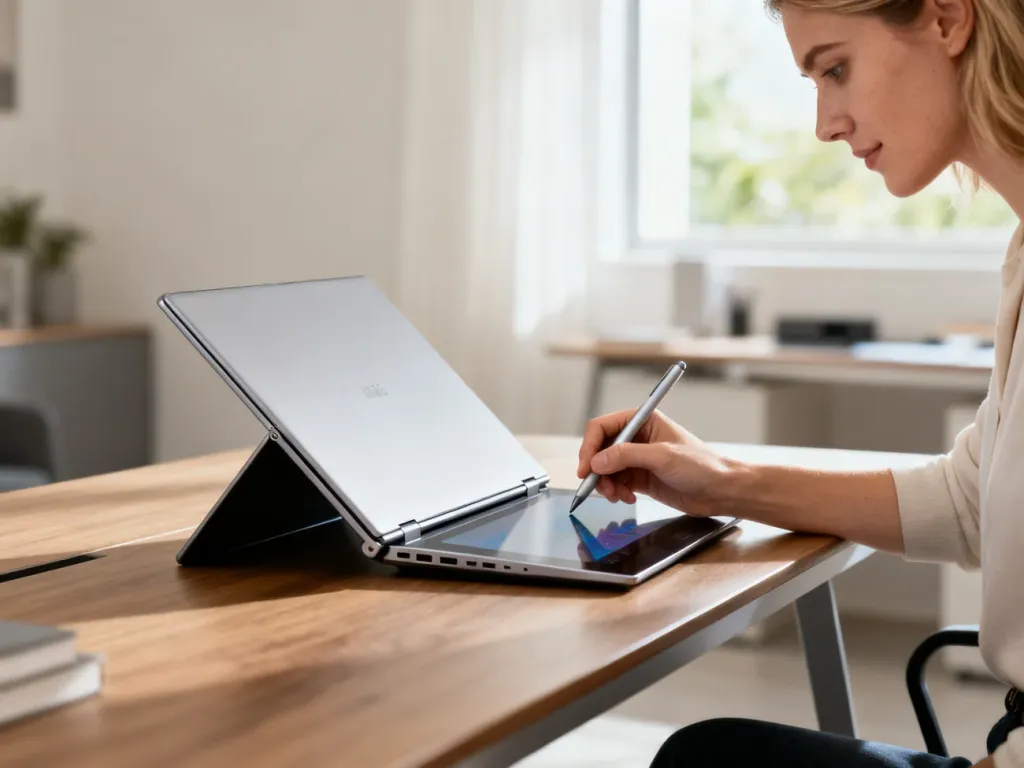 Srebrny laptop Lenovo Yoga 9i z zawiasem 360 stopni, obsługiwany za pomocą rysika na nowoczesnym biurku.