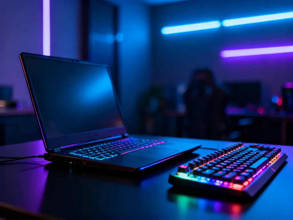 Otwarty laptop gamingowy HP Omen z podświetlaną klawiaturą RGB na tle nowoczesnego pokoju gracza w neonowych barwach.