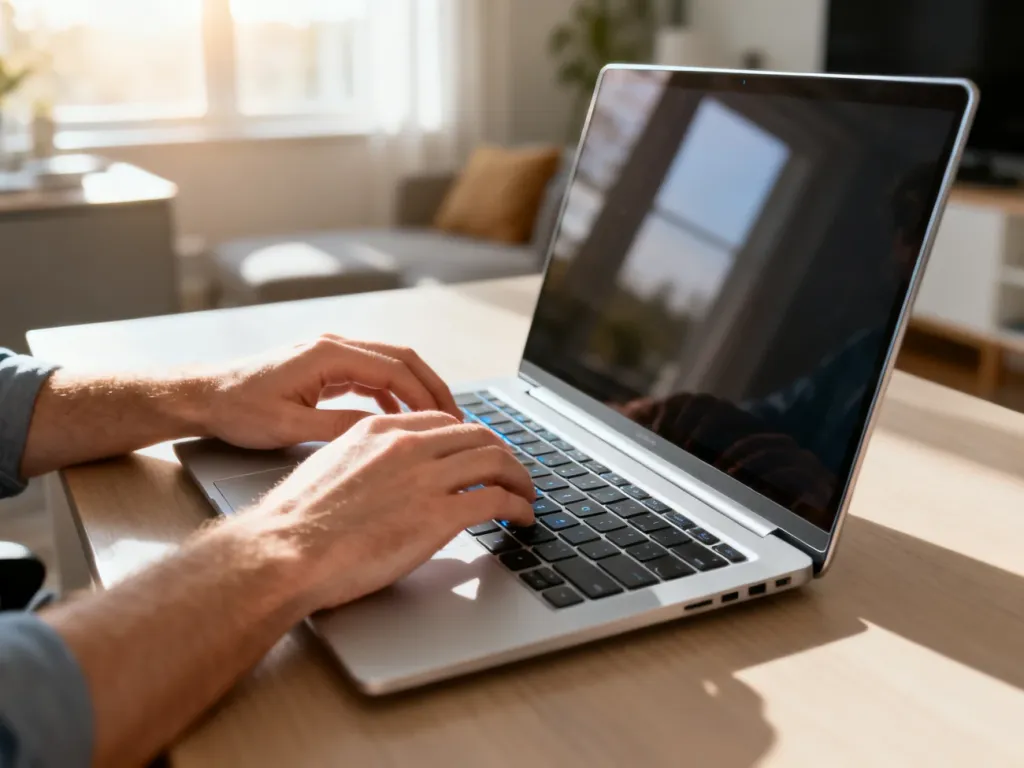 Otwarty laptop Dell XPS 13 na drewnianym biurku, na którym dłonie użytkownika piszą na podświetlanej klawiaturze.