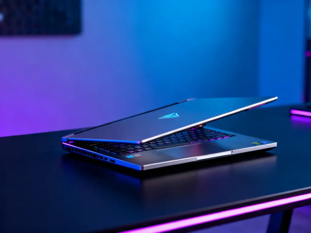 Elegancki laptop gamingowy Lenovo Legion 7i na nowoczesnym biurku z nastrojowym podświetleniem RGB w tle.