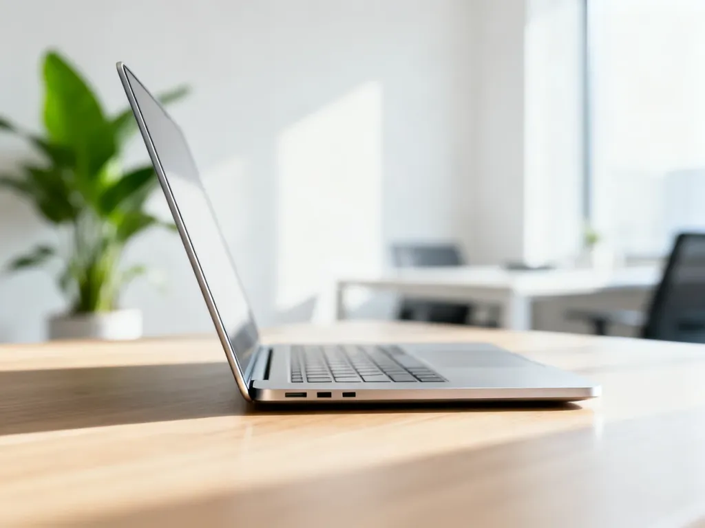 Srebrny MacBook Air 15 otwarty na minimalistycznym drewnianym biurku w jasnym, nowoczesnym biurze.