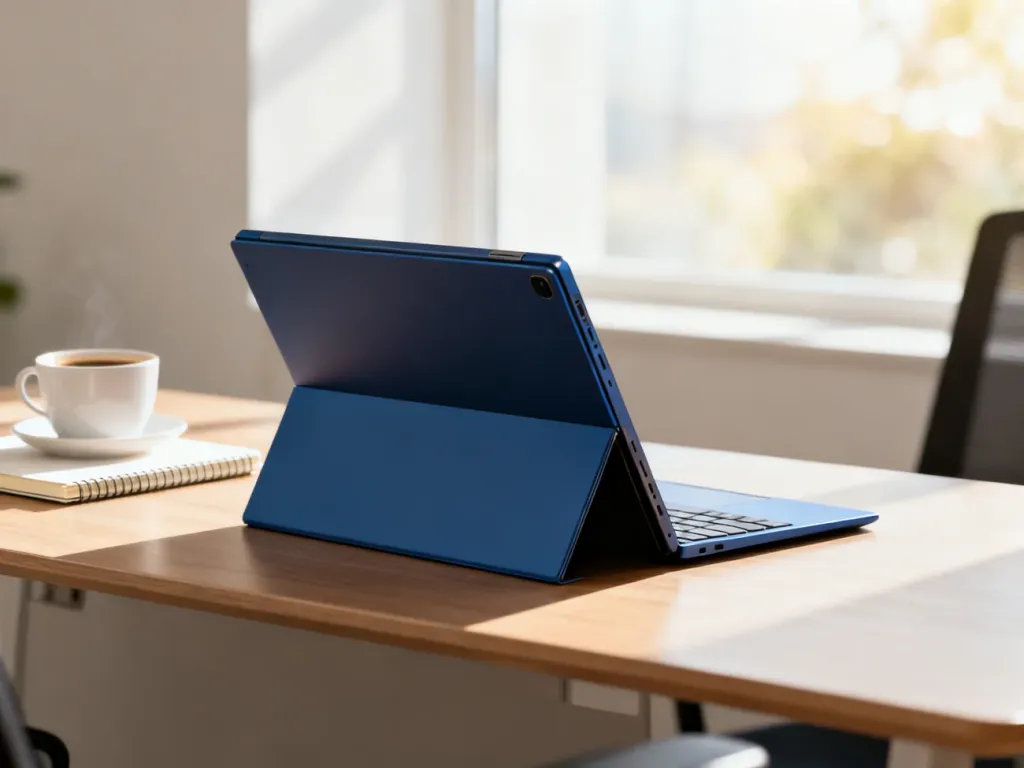 Granatowy laptop HP Spectre x360 14 w trybie namiotu na drewnianym biurku w słonecznym domowym biurze.
