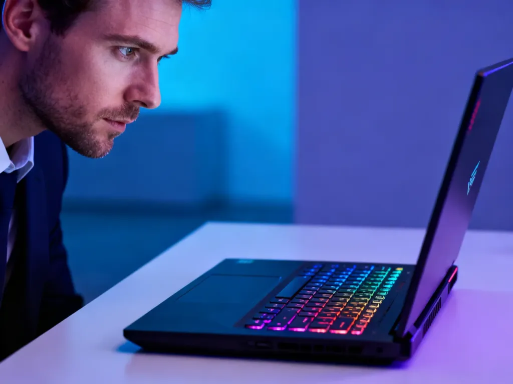 Mężczyzna skupiony na pracy przy nowoczesnym laptopie gamingowym HP Victus 16 z podświetlaną klawiaturą RGB.