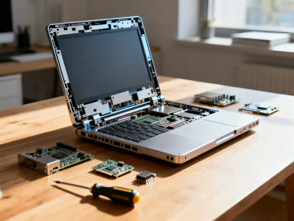 Otwarty laptop modułowy Framework 16 na drewnianym biurku z rozłożonymi podzespołami i śrubokrętem.