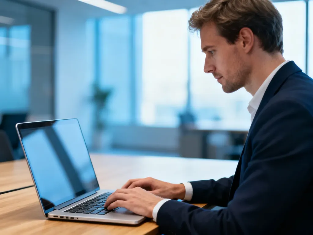 Otwarty srebrny laptop HP EliteBook 840 G8 na drewnianym biurku, przy którym pracuje profesjonalista w jasnym biurze.