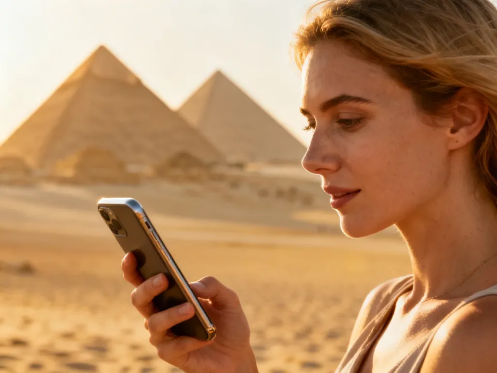 Kobieta trzymająca smartfon na plaży w Egipcie z widocznymi w oddali piramidami.