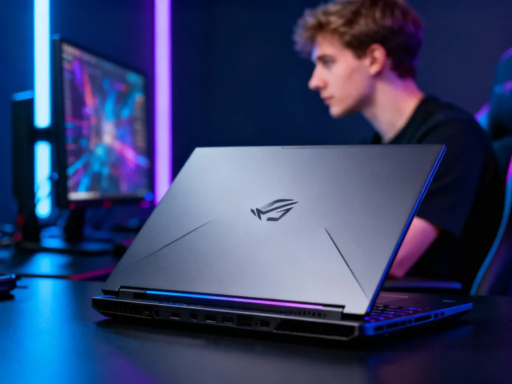 Nowoczesny laptop gamingowy Lenovo Legion 5 na biurku, z graczem w tle oświetlonym niebiesko-fioletowym światłem LED.
