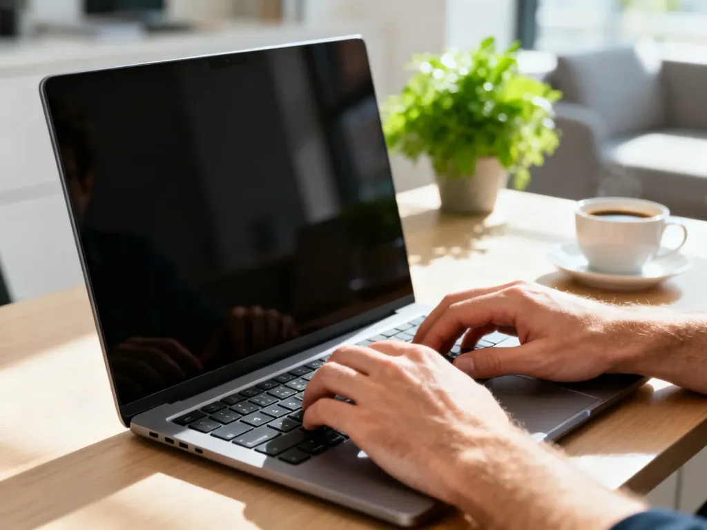 Elegancki laptop LG Gram na drewnianym biurku w nowoczesnym, jasnym domowym biurze podczas pracy.