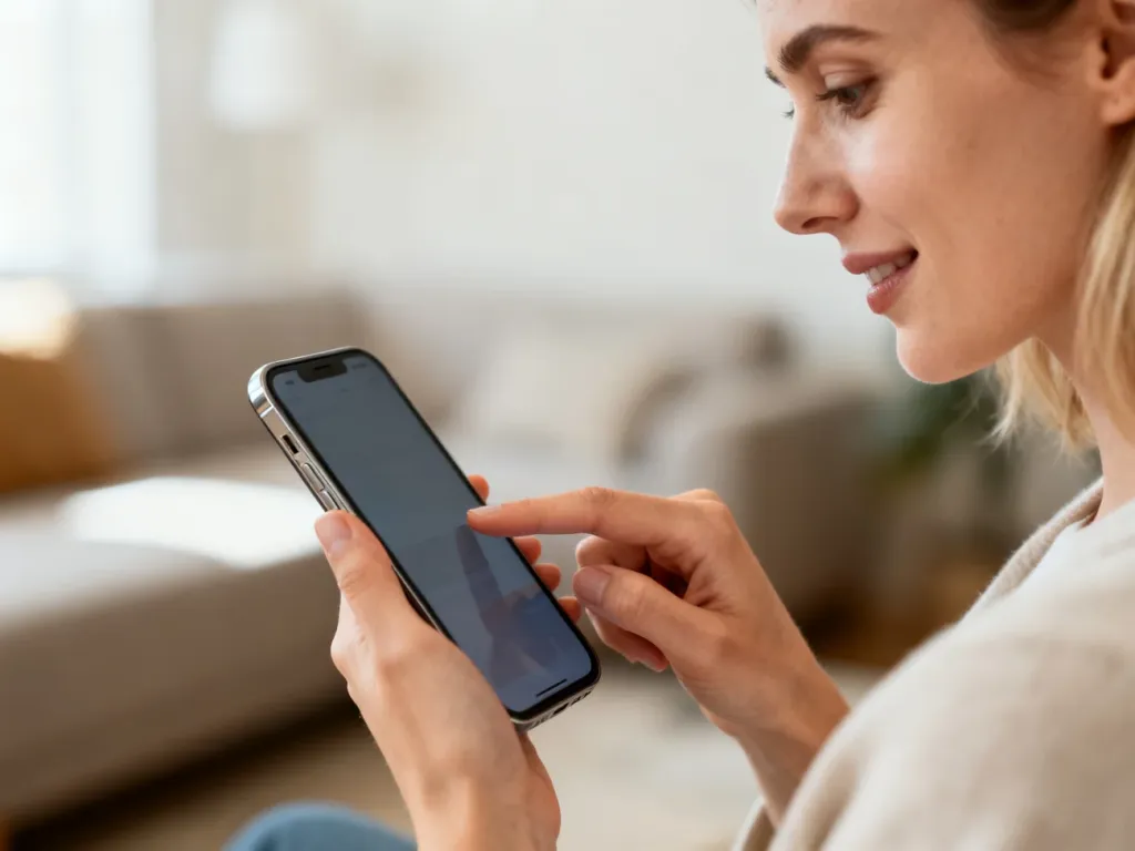 Kobieta obsługująca smartfon, dotykająca palcem ekranu urządzenia w przytulnym salonie.
