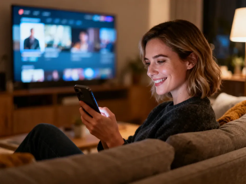 Kobieta uśmiecha się, przeglądając ofertę filmową na smartfonie w przytulnym salonie z włączonym telewizorem w tle.