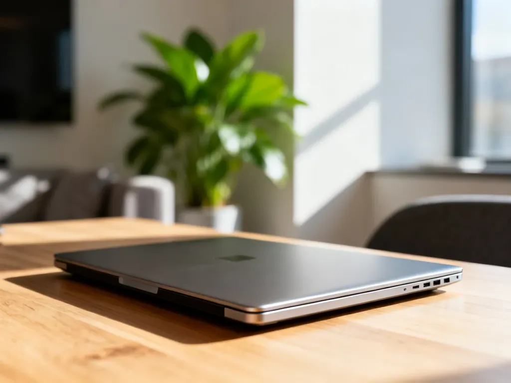 Smukły laptop Samsung Galaxy Book 4 na minimalistycznym drewnianym biurku w jasnym, nowoczesnym biurze domowym.