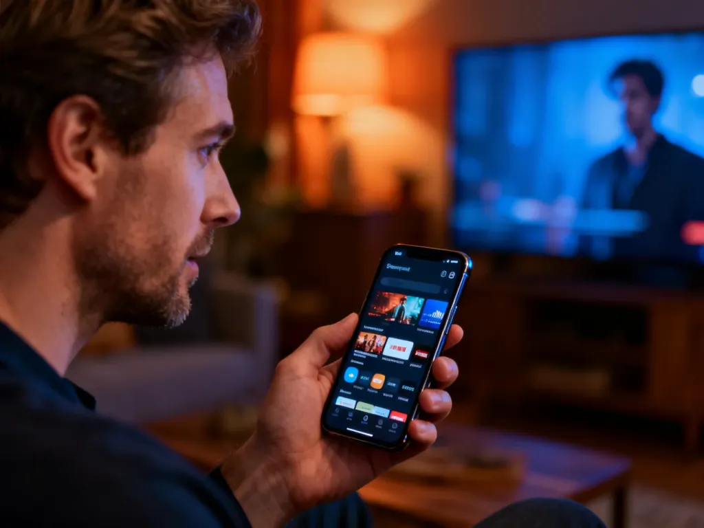 Mężczyzna trzymający smartfon z aplikacją streamingową w przytulnym salonie, co ilustruje proces logowania do SkyShowtime.