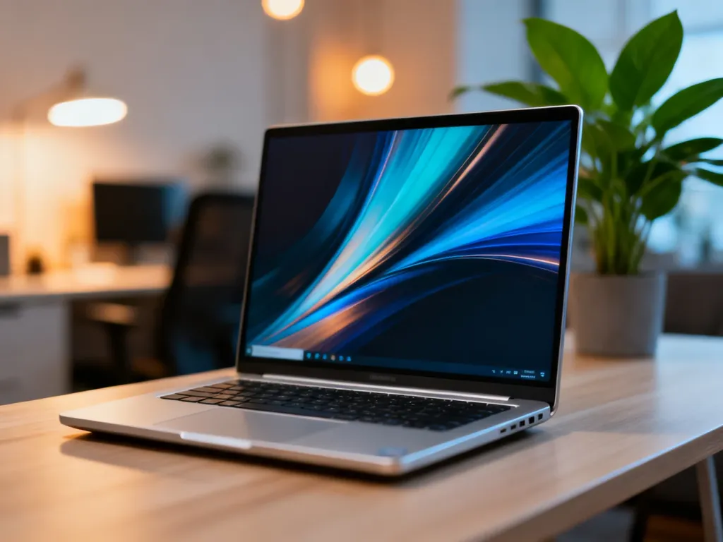 Otwarty srebrny MacBook Pro M4 na minimalistycznym drewnianym biurku w nowoczesnym domowym biurze.