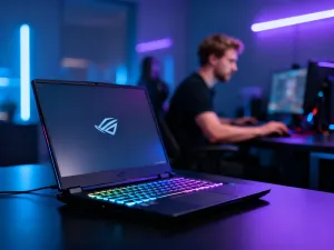 Srebrny laptop Dell Latitude 7490 otwarty na biurku, przy którym pracuje mężczyzna w jasnym, nowoczesnym biurze.