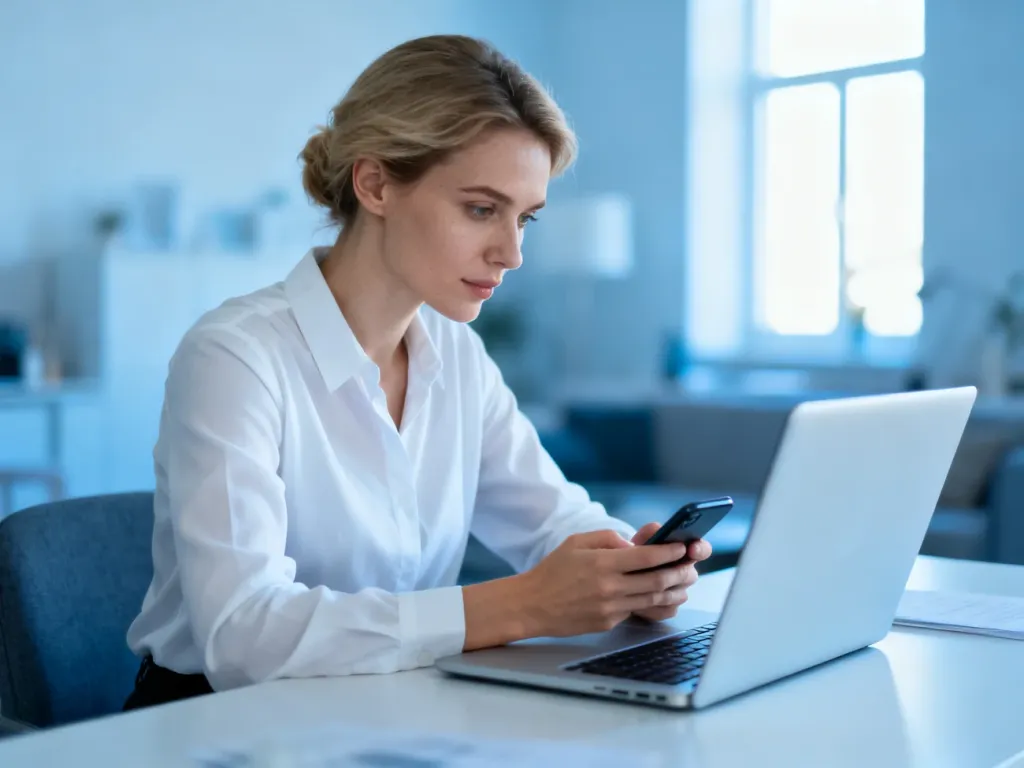 Kobieta pracująca przy laptopie i telefonie w nowoczesnym biurze, symbolizująca kontakt z obsługą techniczną Facebooka.