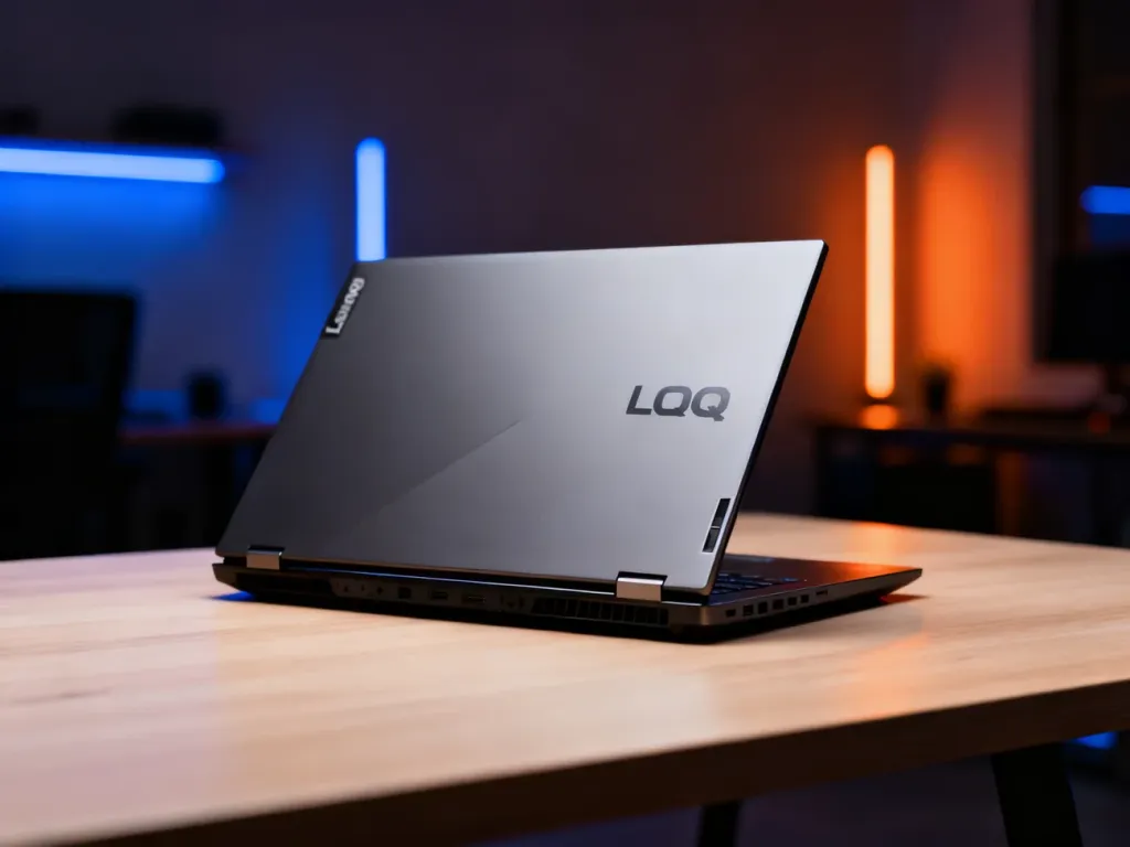 Nowoczesny laptop gamingowy Lenovo LOQ 15 na minimalistycznym biurku w otoczeniu nastrojowego oświetlenia LED.