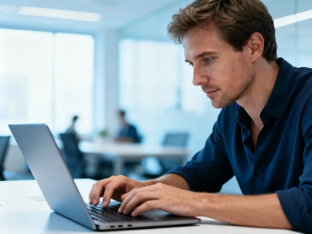 Mężczyzna w profesjonalnym biurze skupiony na pracy przy laptopie, ilustrujący proces logowania do systemu Merlin X.