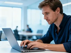 Profesjonalista pracujący przy laptopie w nowoczesnym biurze, symbolizujący łatwy dostęp do panelu klienta Arbet.