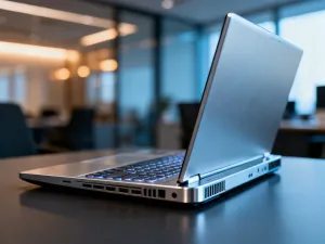 Srebrny MacBook Air 15 otwarty na minimalistycznym drewnianym biurku w jasnym, nowoczesnym biurze.