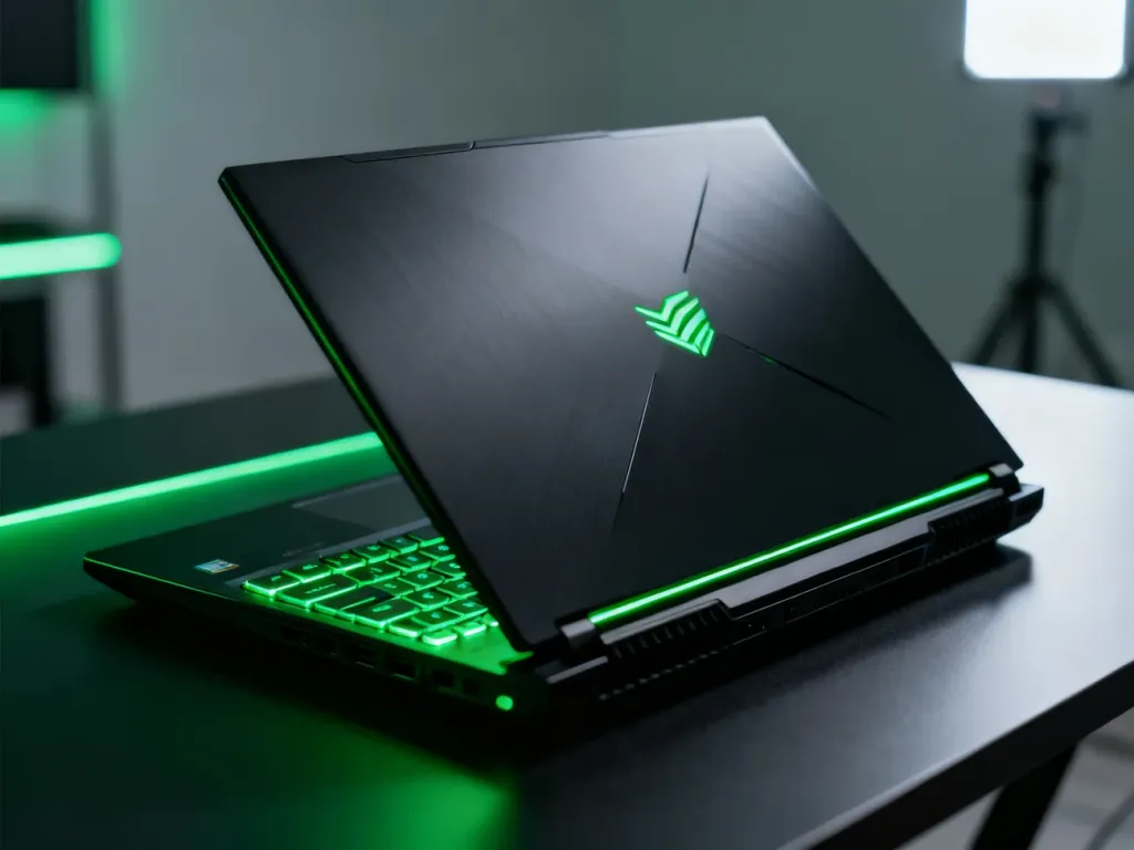 Elegancki laptop gamingowy Razer Blade 16 z podświetlaną na zielono klawiaturą na nowoczesnym biurku.