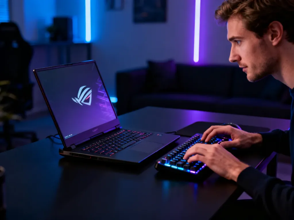 Otwarty laptop gamingowy Acer Predator Helios 300 z podświetlaną klawiaturą na tle nowoczesnego, nastrojowego wnętrza.
